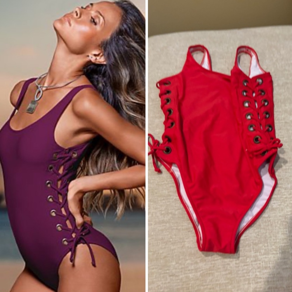 Bright Red Side Lace Up Swim Suit by Venus Sz 8.